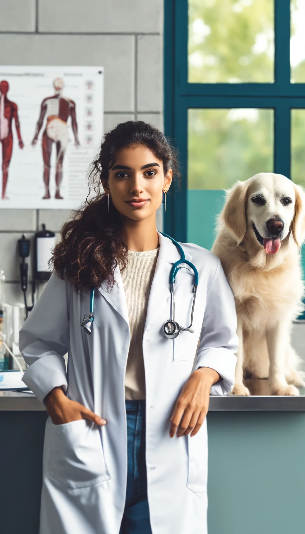 DALL·E 2024-05-28 16.54.24 - A veterinary clinic setting with a confident and focused Brazilian female veterinarian in a white coat attending to a dog in an emergency situation. T