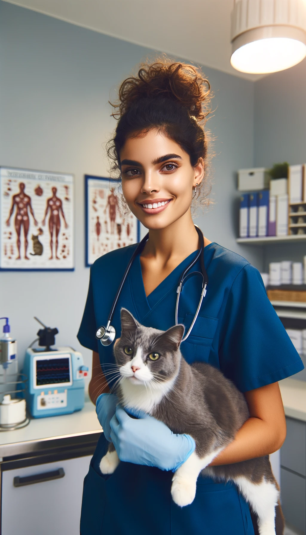 DALL·E 2024-05-28 17.38.20 - A veterinary clinic setting with a confident and focused female veterinarian of Brazilian appearance attending to a cat in an examination or emergency