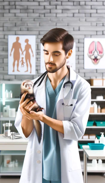 DALL·E 2024-05-28 20.24.44 - A veterinarian in a clinic setting gently holding a ferret. The veterinarian is focused and caring, showcasing professionalism and empathy. The clinic